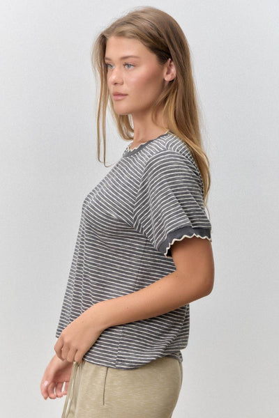 Polagram by Wellmade USA - STRIPED KNIT SCALLOP TRIM TOP