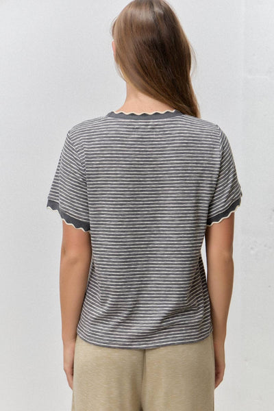 Polagram by Wellmade USA - STRIPED KNIT SCALLOP TRIM TOP