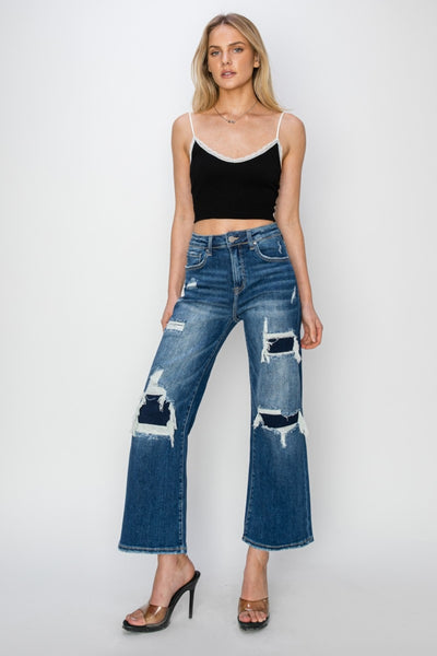 Risen Full Size High Rise Patch Detailed Wide Leg Crop Jeans    