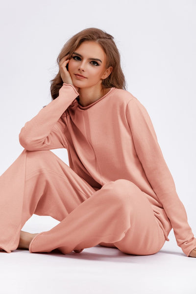 Basic Bae Rolled Round Neck Top and Pants Sweater Set    