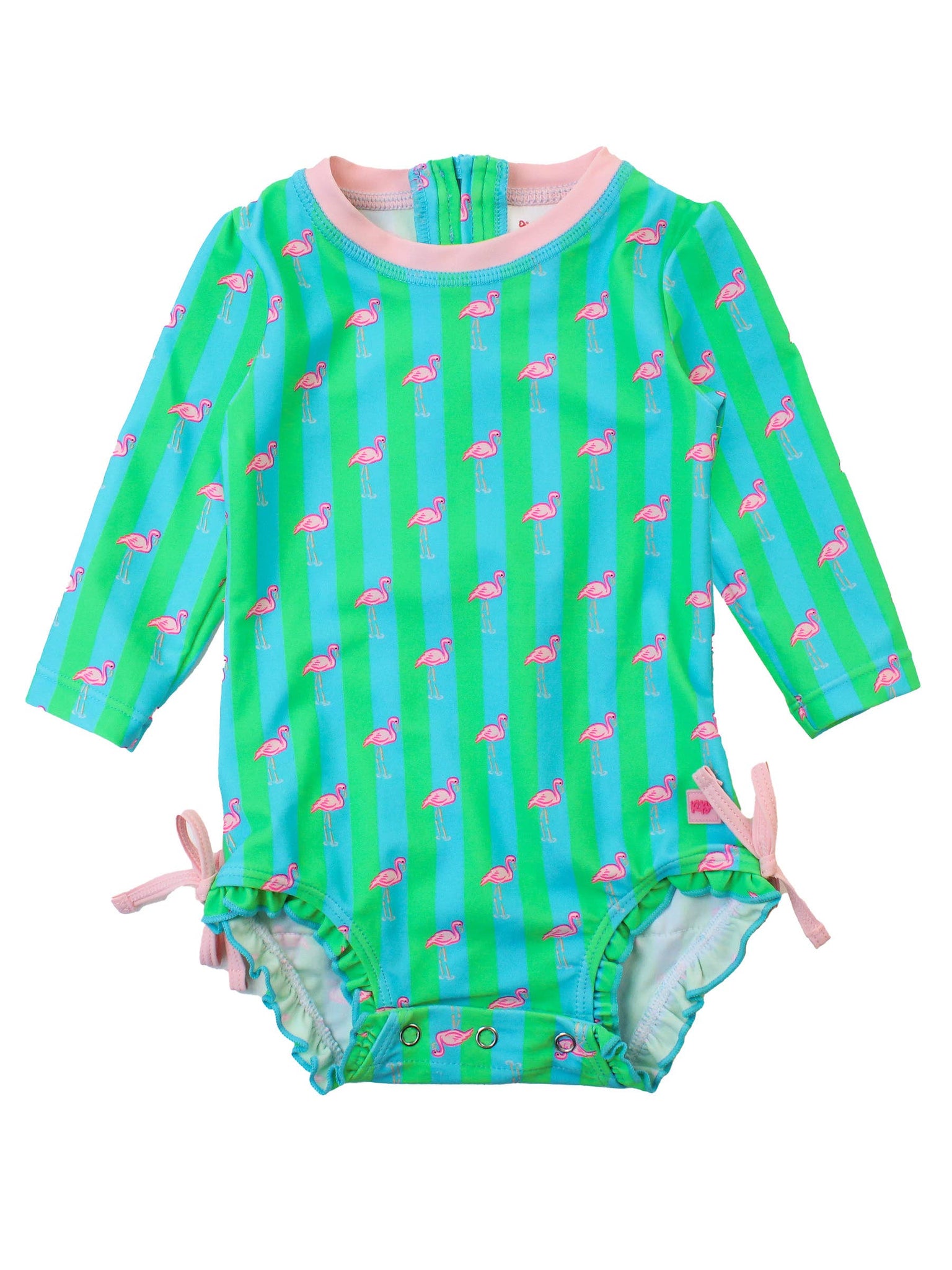 RuffleButts + RuggedButts - Baby Girls Neon Flamingo Stripe Long Sleeve One Piece Rash Guard 12-18m Green