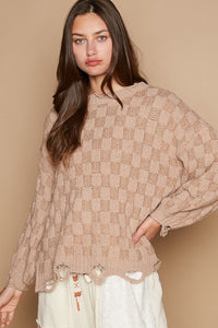 POL Checkered Distressed Edge Sweater  Mocha Beige S 