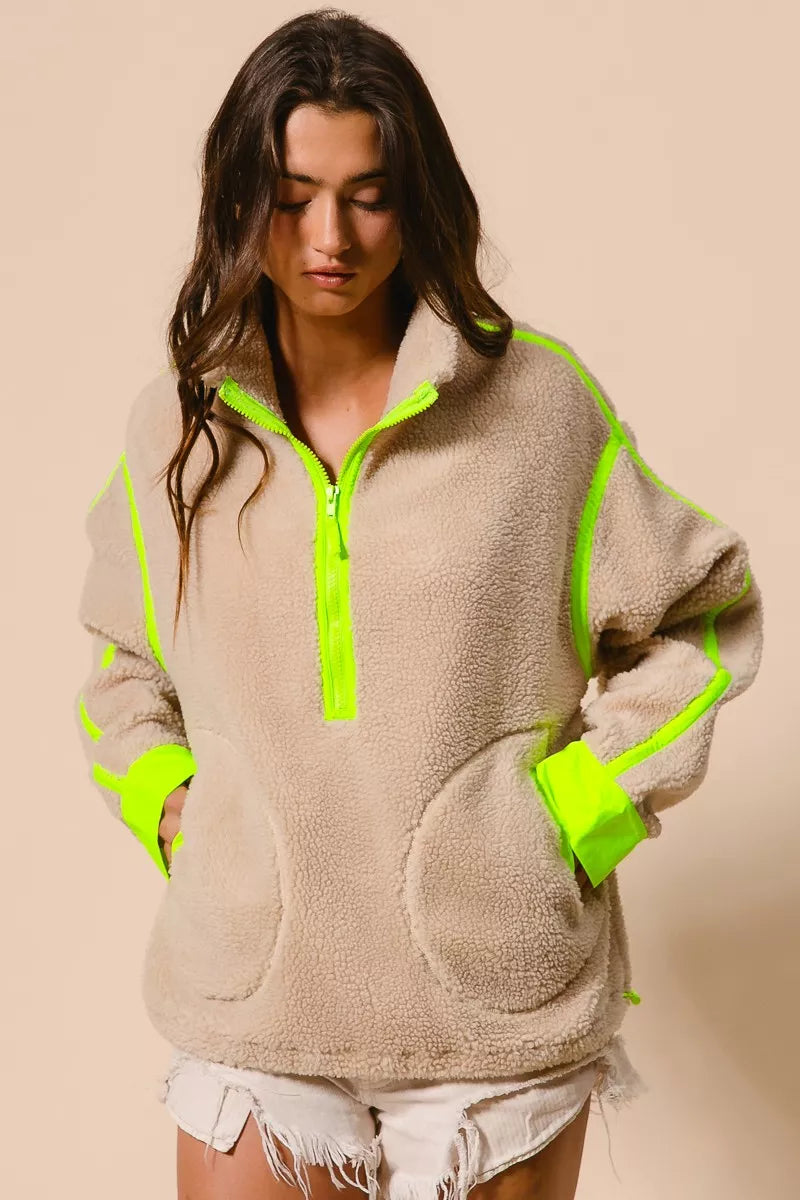 BiBi Contrast Edge Half Zip Up Sherpa Jacket OATMEAL/NEON GREEN S