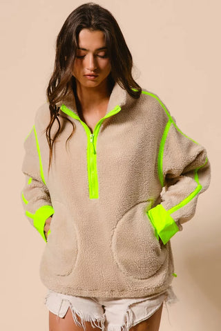 BiBi Contrast Edge Half Zip Up Sherpa Jacket OATMEAL/NEON GREEN S