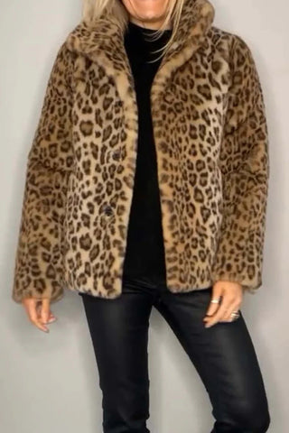 Full Size Leopard Furry Collared Neck Long Sleeve Coat Camel S