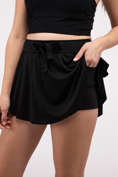 Ruffle Hem Tennis Skirt with Hidden Inner Pockets  BLACK S 