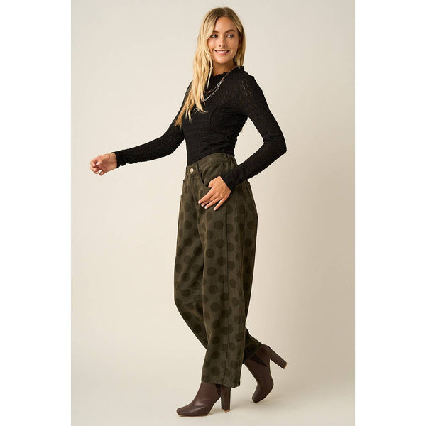 Olive Barrel Denim with Polka Dots
