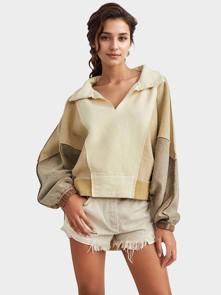 High-Low Exposed Seam Contrast Long Sleeve Sweatshirt Tan S