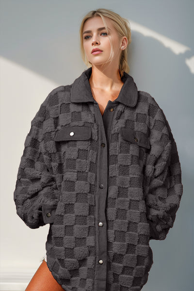 Warehouse Button Up Fuzzy Checkered Shacket Black S