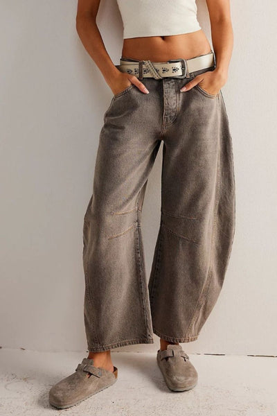 Wide Leg Jeans with Pockets Taupe S