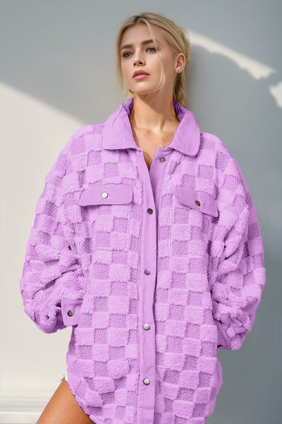 Warehouse Button Up Fuzzy Checkered Shacket Lilac S