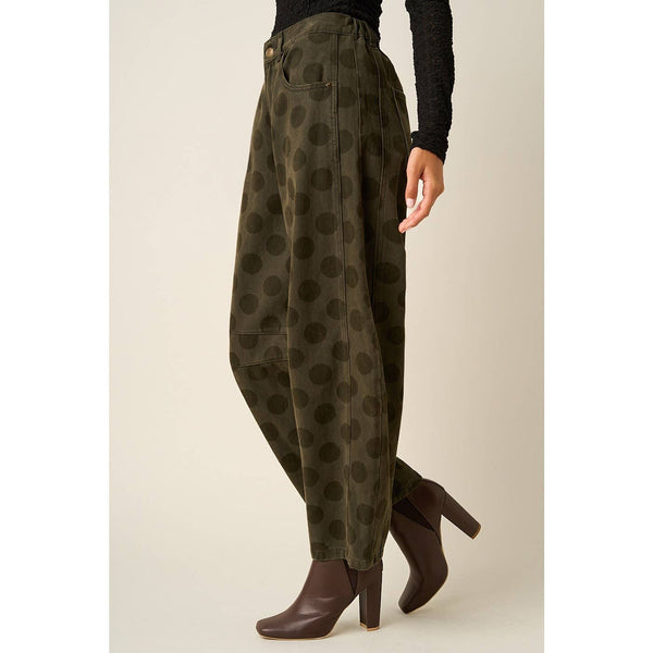 Olive Barrel Denim with Polka Dots