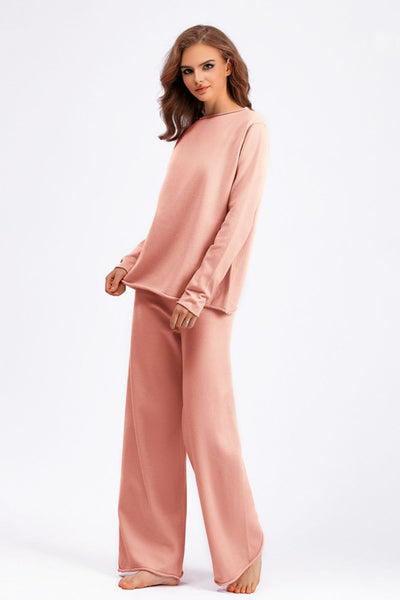 Basic Bae Rolled Round Neck Top and Pants Sweater Set    