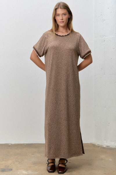 Mocha Striped Scalloped Trim Maxi T-Shirt Dress