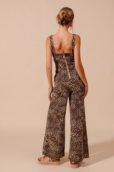 Washed Leopard Wide Leg Jumpsuit Overall