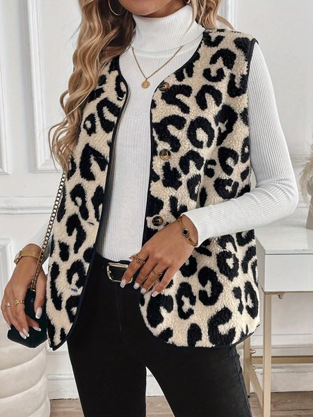 Leopard Button Up Sherpa Vest