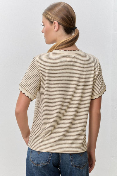 Polagram by Wellmade USA - STRIPED KNIT SCALLOP TRIM TOP
