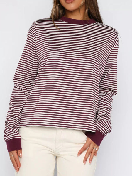 Striped Oversized Round Neck Sweatshirt: WAREHOUSE FIND Burgundy S