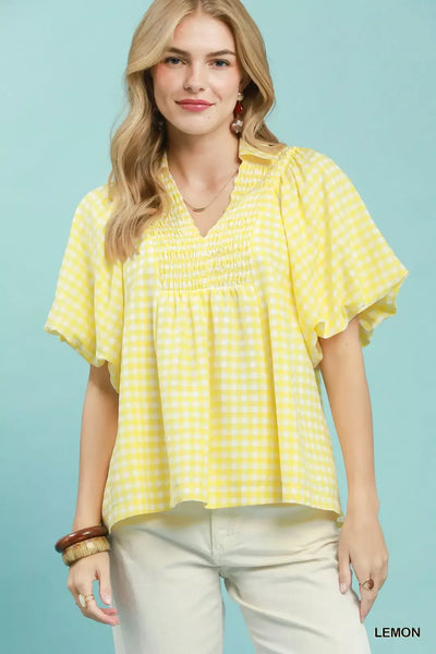 Umgee Smocked Yoke Puff Sleeve Gingham Blouse LEMON S