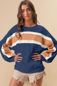 BiBi French Terry Color Block Cut Edge Detail Sweatshirt  Indigo/Mustard/Ivory S 