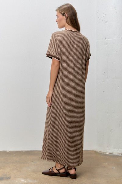 Mocha Striped Scalloped Trim Maxi T-Shirt Dress