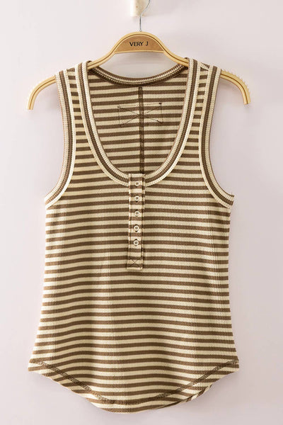 VERY J - NT12124-Striped & Solid Button Down Fitted Knit Tank Top S-M-L/2-2-2 MOCHA STRIPE