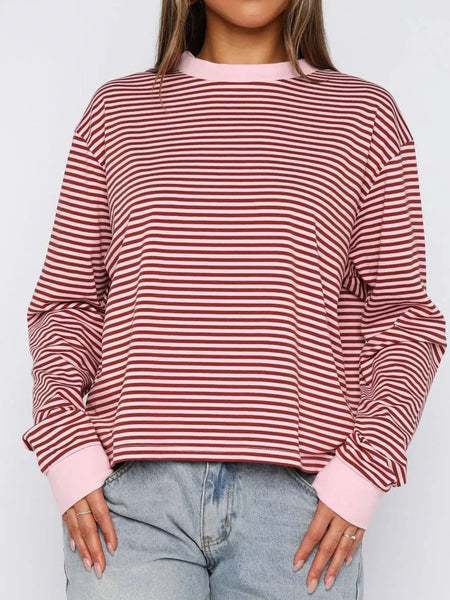 Striped Oversized Round Neck Sweatshirt: WAREHOUSE FIND Moonlit Mauve S