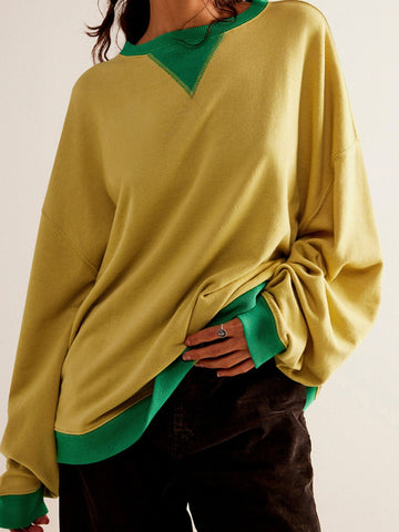 Contrast Trim Round Neck Long Sleeve Sweatshirt  Gold S 