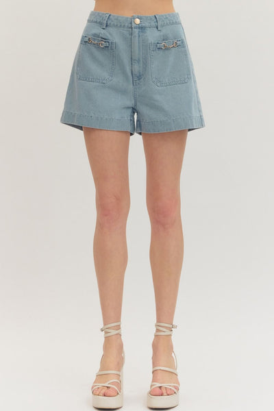 Off to the Races Light Wash Denim Shorts