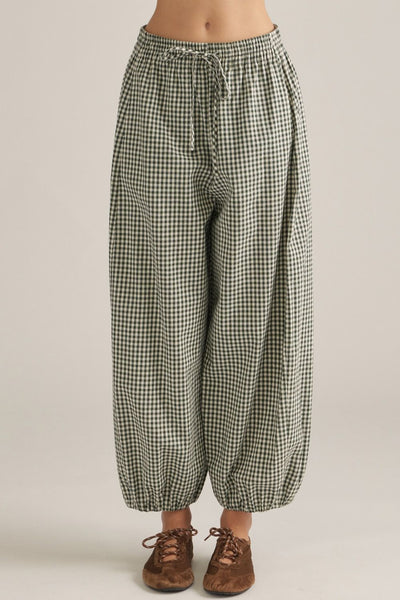 Gingham Forest Easy-Wear Barrel Leg Pants