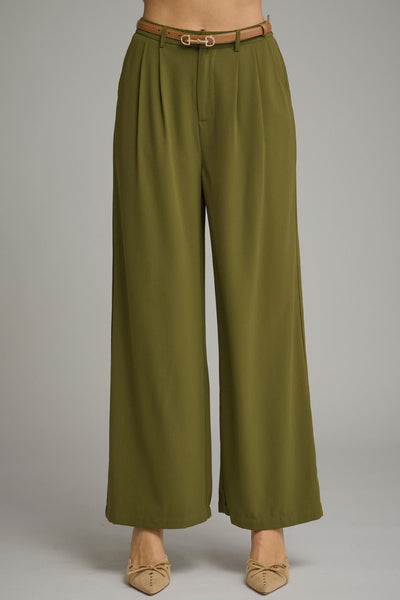 Olive Comfort-Stretch Pleated Trousers with Removable Belt