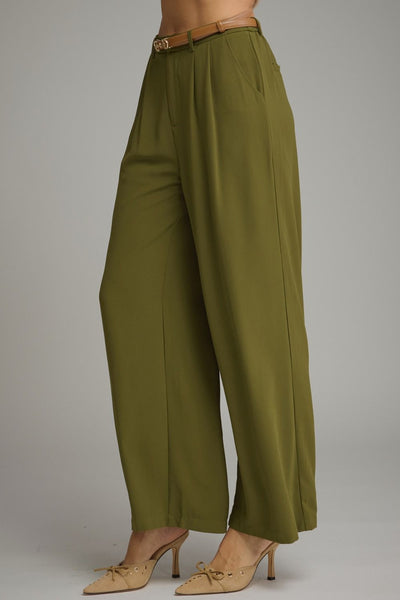 Olive Comfort-Stretch Pleated Trousers with Removable Belt