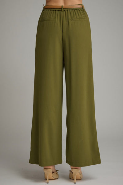 Olive Comfort-Stretch Pleated Trousers with Removable Belt