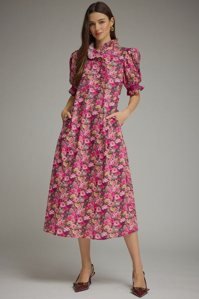 Magenta Magic Garden Floral Puff Sleeve Midi Dress