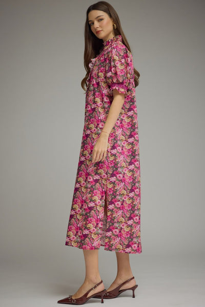 Magenta Magic Garden Floral Puff Sleeve Midi Dress