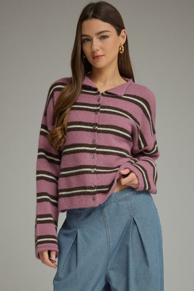 Court Collared Striped Cardigan - Orchid