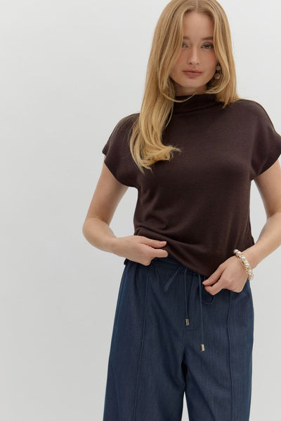 Brown Mock Neck Light Knit Top