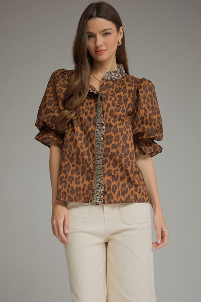 Mackenzie Leopard Print Puff Sleeve Ruffle Blouse
