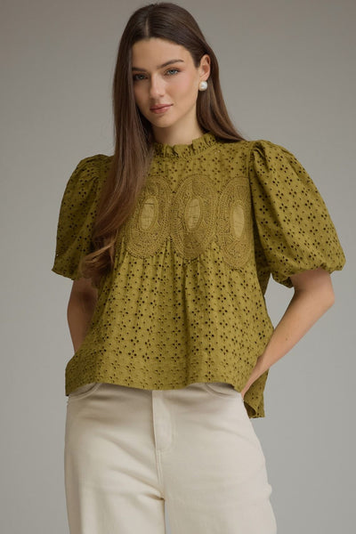 Juniper Olive Eyelet Crochet Puff Sleeve Blouse