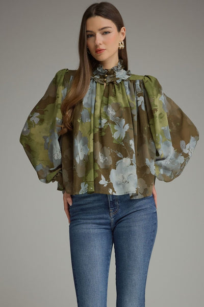 Aurora Floral Ruffle Neck Puff Sleeve Blouse