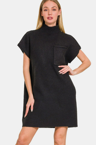 Zenana Short Sleeve Sweater Mini Dress  Black S 