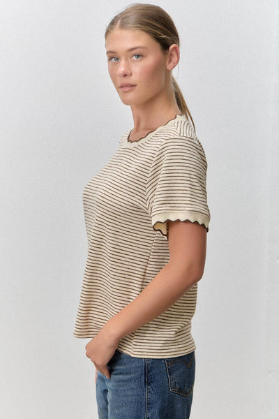 Polagram by Wellmade USA - STRIPED KNIT SCALLOP TRIM TOP