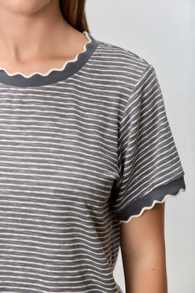Polagram by Wellmade USA - STRIPED KNIT SCALLOP TRIM TOP