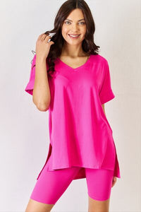 S-3X V-Neck Short Sleeve Slit T-Shirt and Shorts Set  Neon Hot Pink S 